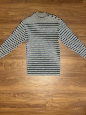 Saint James Gray and Navy Striped Button-Shoulder Sweater